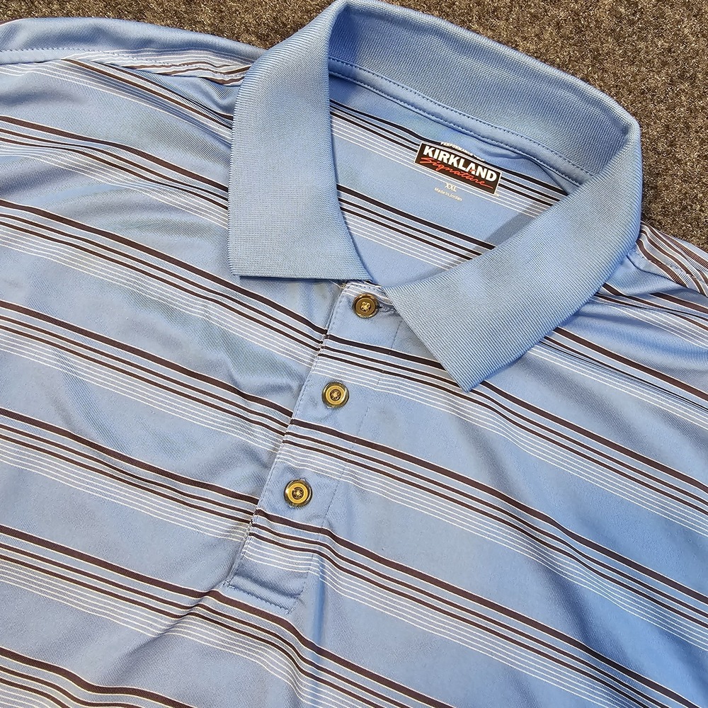 Kirkland Signature Polo Shirt Mens 2XL Blue Striped Golf Performance Short Sleev
